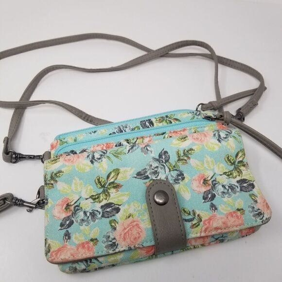 Mint Pink Floral Canvas Like Crossbody/Wristlet Bag. - Picture 6 of 14